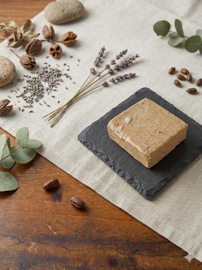 Artisan coffee soap on wooden tray